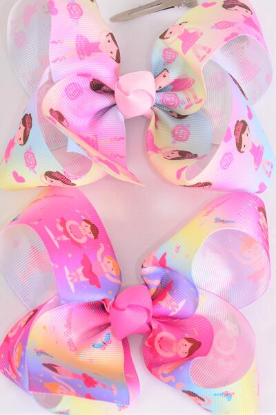 Hair Bow Jumbo Cute Ballerina Tiedye Grosgrain Bow-tie / 12 pcs Bow = Dozen Alligator Clip , Size - 6" x 5" Wide , 6 Baby Pink , 6 Hot Pink Color Asst , Clip Strip & UPC Code