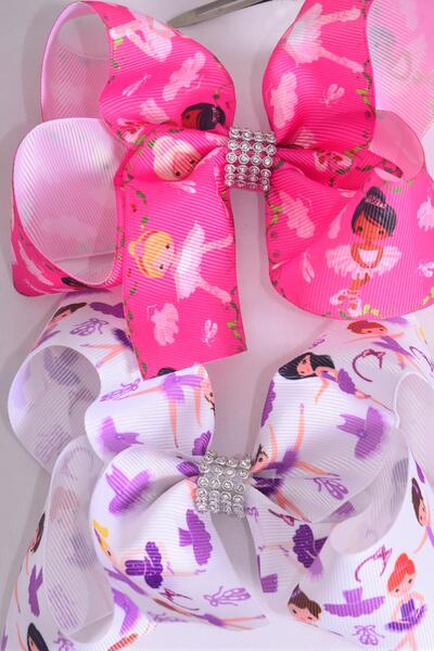 Hair Bow Jumbo Diverse Ballerina Grosgrain Bow-tie / 12 pcs Bow = Dozen Alligator Clip , Size - 6" x 5" Wide , 6 of each Pattern Asst , Clip Strip & UPC Code