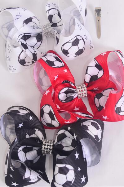 Hair Bow Jumbo Soccer Grosgrain Bow-tie / 12 pcs Bow = Dozen Soccer , Alligator Clip , Size - 6" x 5" Wide , 4 Of Each Pattern Asst , Clip Strip & UPC Code