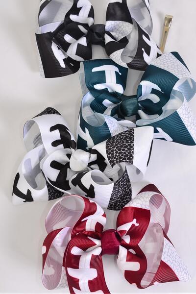 Hair Bow Jumbo Football Grosgrain Bow-tie / 12 pcs Bow = Dozen  Football , Alligator Clip , Bow Size - 6" x 5" Wide , 3 Of Each Pattern Asst , Clip Strip & UPC Code