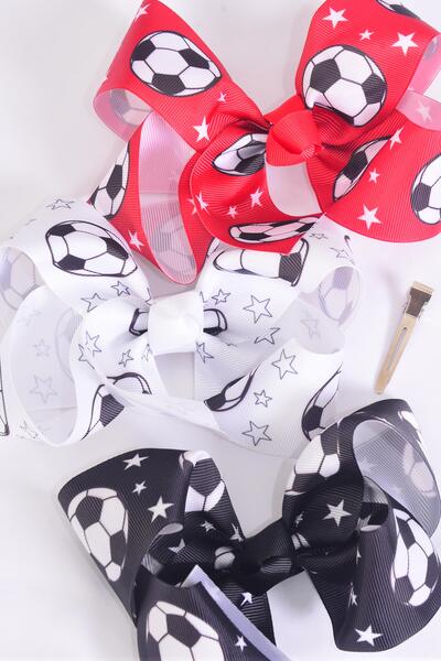 Hair Bow Jumbo Soccer Red White Black Color Mix Grosgrain Bow-tie / 12 pcs Bow = Dozen Soccer , Alligator Clip , Size - 6" x 5" Wide , 4 Red , 4 White , 4 Black Color Asst , Clip Strip & UPC Code