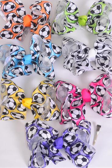 Hair Bow Jumbo Soccer Multi Tiedye Grosgrain Bow-tie / 12 pcs = Dozen Alligator Clip , Size - 6" x 5" Wide , 2 Fuchsia , 2 Blue , 2 White , 2 Purple , 2 Yellow , 1 Orange , 1 Lime Color Asst , Clip Strip & UPC Code