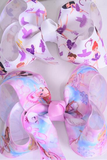 Hair Bow Jumbo Diverse Ballerina Center Clear Stones Grosgrain Bow-tie / 12 pcs Bow = Dozen Alligator Clip , Size - 6" x 5" Wide , 6 of each Pattern Asst , Clip Strip & UPC Code