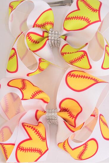 Hair Bow Jumbo Softball Grosgrain Bow-tie / 12 pcs Bow = Dozen Softball , Alligator Clip , Size - 6" x 5" Wide , 6 Of each Pattern Mix , Clip Strip & UPC Code