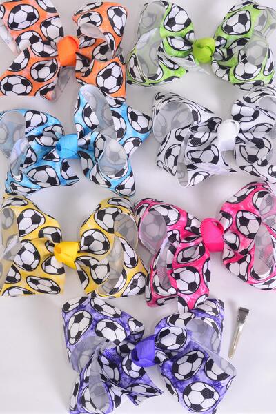 Hair Bow Jumbo Soccer Multi Tiedye Grosgrain Bow-tie / 12 pcs = Dozen Alligator Clip , Size - 6" x 5" Wide , 2 Fuchsia , 2 Blue , 2 White , 2 Purple , 2 Yellow , 1 Orange , 1 Lime Color Asst , Clip Strip & UPC Code