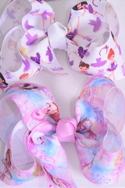 Hair Bow Jumbo Diverse Ballerina Center Clear Stones Grosgrain Bow-tie / 12 pcs Bow = Dozen Alligator Clip , Size - 6" x 5" Wide , 6 of each Pattern Asst , Clip Strip & UPC Code