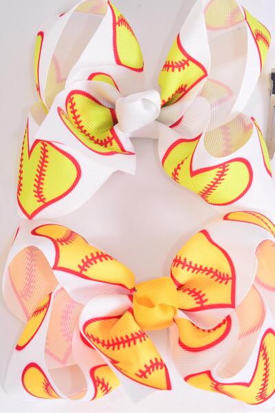 Hair Bow Jumbo Softball Grosgrain Bow-tie / 12 pcs Bow = Dozen Alligator Clip , Size - 6" x 5" Wide , 6 Of each Pattern Mix , Clip Strip & UPC Code