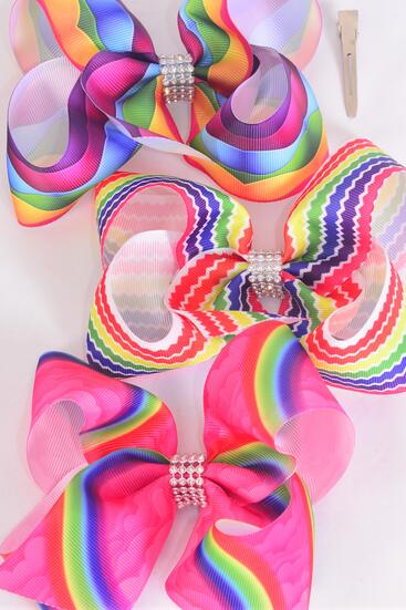 Hair Bow Jumbo Abstract Chevron Rainbow Stripe Pattern Mix Grosgrain Bow-tie / 12 pcs Bow = Dozen Alligator Clip , Size - 6" x 5" Wide , 4 Of each Pattern Asst , Clip Strip and UPC Code