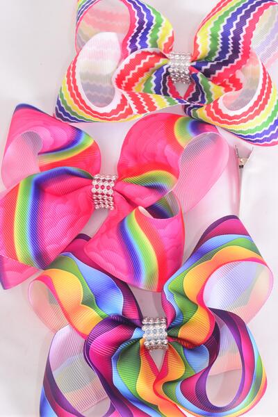 Hair Bow Jumbo Abstract Chevron Rainbow Stripe Pattern Mix Grosgrain Bow-tie / 12 pcs Bow = Dozen Alligator Clip , Size - 6" x 5" Wide , 4 Of each Pattern Asst , Clip Strip and UPC Code