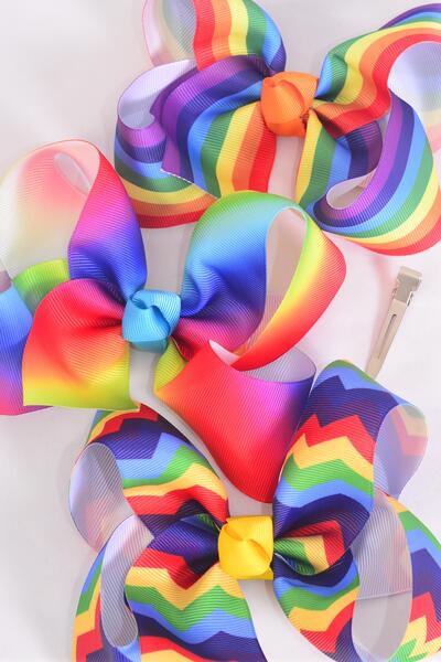 Hair Bow Jumbo Chevron Rainbow Tiedye Stripe Pattern Mix Grosgrain Bow-tie / 12 pcs Bow = Dozen  Alligator Clip , Size - 6" x 5" Wide , 4 Of each Pattern Asst , Clip Strip & UPC Code