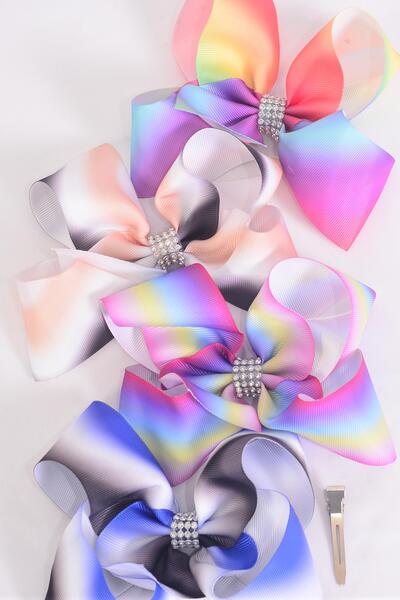 Hair Bow Jumbo Gradient Tiedye Grosgrain Bow-tie / 12 pcs Bow = Dozen  Alligator Clip , Size - 6" x 5" Wide , 3 Of Each Pattern Asst , Clip Strip and UPC Code