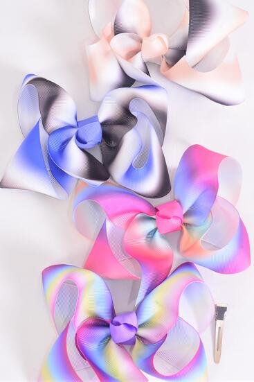 Hair Bow Jumbo Tiedye Grosgrain Bow-tie / 12 pcs Bow = Dozen   Alligator Clip , Size - 6" x 5" Wide , 3 Of Each Color Asst , Clip Strip and UPC Code