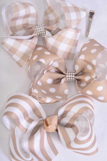 Hair Bow Jumbo Polka dots Plaid Stripe Mix Grosgrain Bow-tie Khaki Color Mix / 12 pcs Bow = Dozen Khaki , Alligator Clip , Bow - 6" x 5" Wide , 4 of each Pattern Asst , Clip Strip & UPC Code