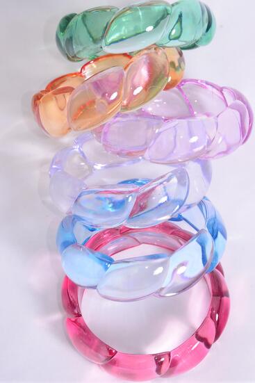 Bracelet Bangle Acrylic Transparent Multi / 12 pcs = Dozen Multi , Size - 2.75" x 1"  Dia Wide ,  2 of each Color Asst , Hang Tag & Opp bag & UPC Code 