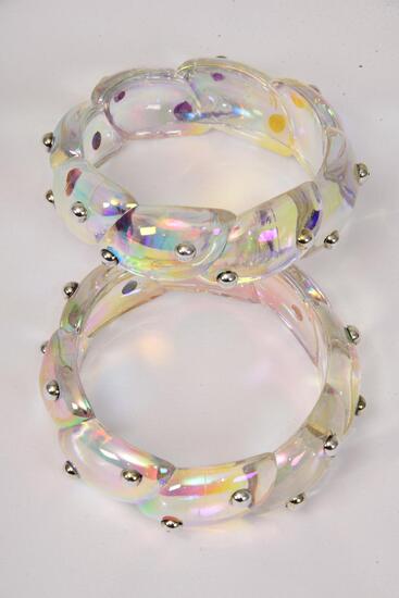 Bracelet Bangle Acrylic Woven Iridescent Silver Studded / 12 pcs = Dozen Size - 2.75" x 1"Dia Wide , Hang Tag & Opp Bag & UPC Code