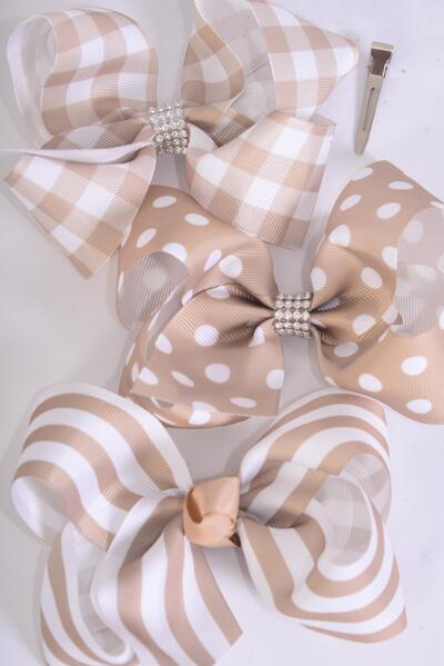 Hair Bow Jumbo Polka dots Plaid Stripe Mix Grosgrain Bow-tie Khaki Color Mix / 12 pcs Bow = Dozen Khaki , Alligator Clip , Bow - 6" x 5" Wide , 4 of each Pattern Asst , Clip Strip & UPC Code