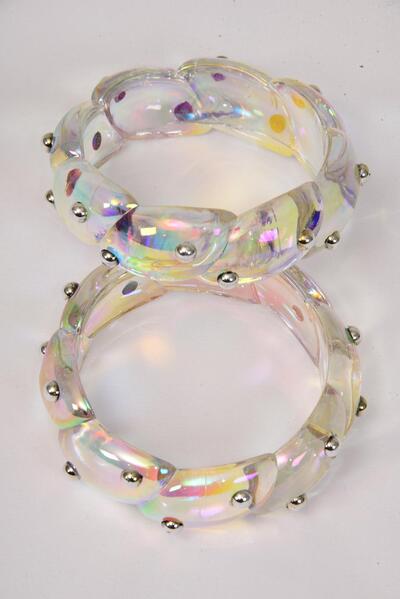 Bracelet Bangle Acrylic Woven Iridescent Silver Studded / 12 pcs = Dozen Size - 2.75" x 1"Dia Wide , Hang Tag & Opp Bag & UPC Code