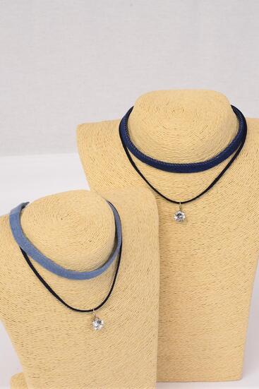 Necklace Choker 2 Strand Denim & Faux Suede Cord 10 mm CZ Cubic Zirconium Pendant / 12 pcs Bow = Dozen Size - 14" Extension Chain , 6 of each Color Asst , Display Card & OPP Bag & UPC Code
