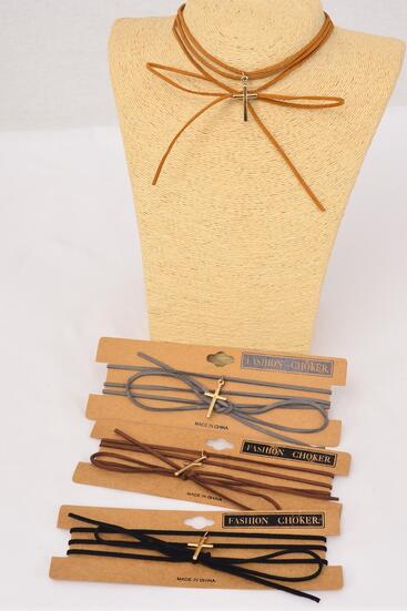 Necklace Choker Faux Suede Cord String Wrap Bolo Tie Cross / 12 pcs = Dozen Color - 3 Black , 3 Brown , 3 Gray , 3 Camel Color Asst , Display Card & OPP Bag & UPC Code