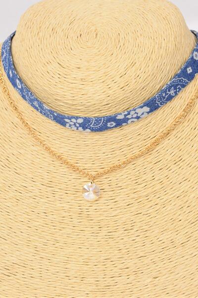 Necklace Choker 2 Strand Blue Denim w Gold Chain W Pendant / 12 pcs = Dozen Choker Size - 14" Extension Chain , Display Card & OPP Bag & UPC Code