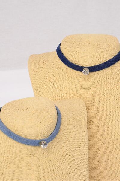 Necklace Choker Blue Denim Center 10 mm CZ Cubic Zirconium Pendant / 12 pcs = Dozen Size - 14" Extension Chain , 6 Of each Color Asst , Display Card & OPP Bag & UPC Code