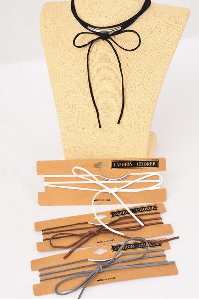 Necklace Choker Western Faux Suede Cord String Wrap Bolo Tie Metal / 12 pcs = Dozen Neutral Color - 3 Black , 3 Brown , 3 Gray , 3 White Color Asst , Display Card & OPP Bag & UPC Code