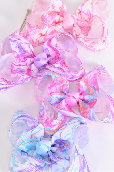 Hair Bow Jumbo Abstract Water Colors Grosgrain Bow-tie / 12 pcs Bow = Dozen  Alligator Clip , Size - 6" x 5" Wide , 3 Of Each Color Asst , Clip Strip & UPC Code