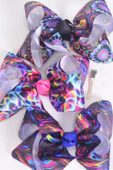 Hair Bow Jumbo Abstract Pattern Mix Grosgrain Bow-tie / 12 pcs Bow = Dozen  Alligator Clip , Size - 6" x 5" Wide , 4 Of each Pattern Asst , Clip Strip & UPC Code