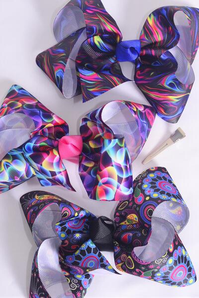 Hair Bow Jumbo Abstract Pattern Mix Grosgrain Bow-tie / 12 pcs Bow = Dozen  Alligator Clip , Size - 6" x 5" Wide , 4 Of each Pattern Asst , Clip Strip & UPC Code