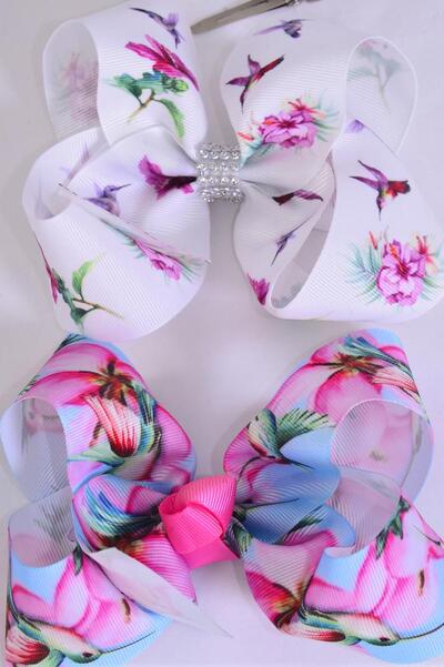 Hair Bow Jumbo Humming Bird Grosgrain Bow-tie / 12 pcs Bow = Doze Alligator Clip , Size - 6" x 5" Wide , 6 Of Each Pattern Asst , Clip Strip & UPC Code