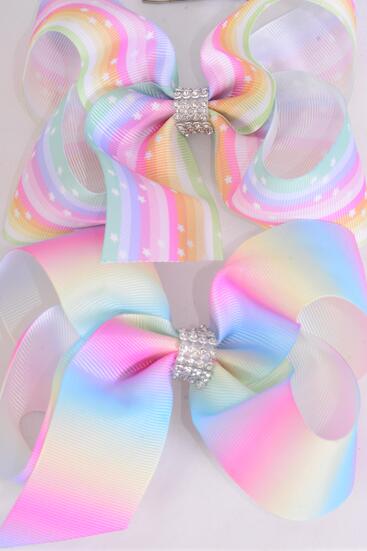 Hair Bow Jumbo Pastel Tiedye Rainbow Stars Grosgrain Bow-tie /  12 pcs Bow = Dozen  Alligator Clip , Size - 6" x 5" Wide , 6 Of Each Pattern Asst , Clip Strip & UPC Code
