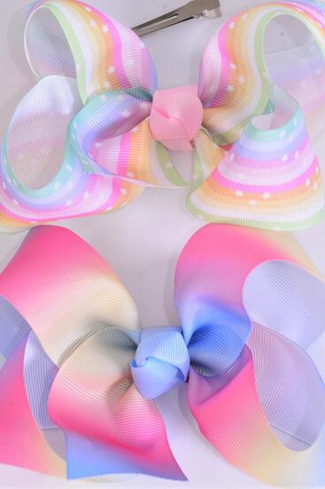 Hair Bow Jumbo Tie dye Rainbow Star Pattern Mix Grosgrain Bow-tie Pastel / 12 pcs Bow = Dozen Alligator Clip , Size - 6" x 5" Wide , 6 Of Each Pattern Asst , Clip Strip & UPC Code