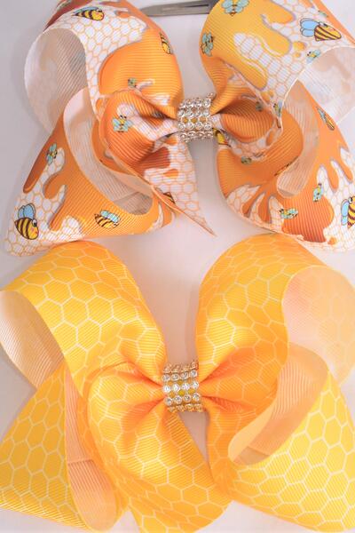Hair Bow Jumbo Honey Bee Honeycomb Mix Grosgrain Bow-tie / 12 pcs Bow = Dozen Alligator Clip , Size - 6" x 5" Wide , 6 Of each Pattern Asst , Clip Strip & UPC Code