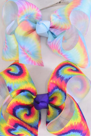 Hair Bow Jumbo Tie dye Grosgrain Bow-tie / 12 pcs Bow = Dozen  Alligator Clip , Size - 6" x 5" Wide , 6 Of Each Pattern Asst , Clip Strip & UPC Code