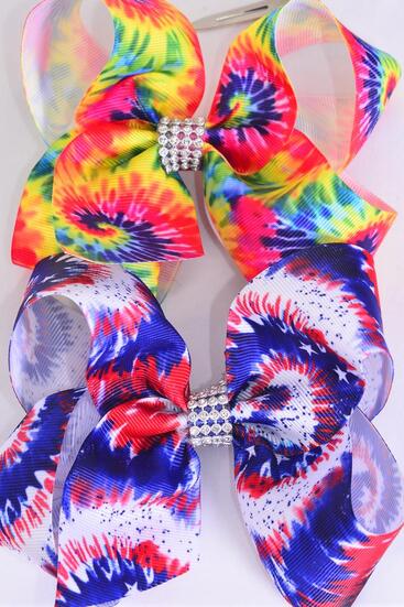 Hair Bow Jumbo Gradient Tiedye Grosgrain Bow-tie / 12 pcs Bow = Dozen  Alligator Clip , Size - 6" x 5" Wide , 6 of each Pattern Asst , Clip Strip & UPC Code