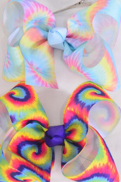 Hair Bow Jumbo Tie dye Grosgrain Bow-tie / 12 pcs Bow = Dozen  Alligator Clip , Size - 6" x 5" Wide , 6 Of Each Pattern Asst , Clip Strip & UPC Code