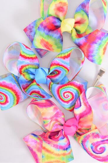 Hair Bow Jumbo Gradient Tiedye Grosgrain Bow-tie / 12 pcs Bow = Dozen Alligator Clip , Size-  6" x 5" Wide , 4 of each Pattern Asst , Clip Strip & UPC Code
