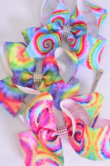 Hair Bow Jumbo Tie dye Grosgrain Bow-tie / 12 pcs Bow = Dozen  Alligator Clip , Size- 6" x 5" Wide , 4 of each Pattern Asst , Clip Strip & UPC Code