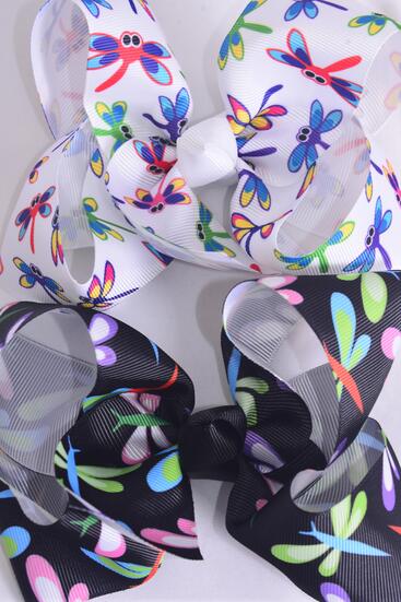 Hair Bow Jumbo Dragonfly Grosgrain Bow-tie / 12 pcs Bow = Dozen  Alligator Clip , Size - 6" x 5" Wide , 6 Of each Pattern Asst , Clip Strip and UPC Code