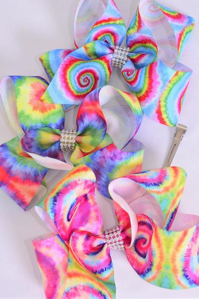Hair Bow Jumbo Tie dye Grosgrain Bow-tie / 12 pcs Bow = Dozen  Alligator Clip , Size- 6" x 5" Wide , 4 of each Pattern Asst , Clip Strip & UPC Code