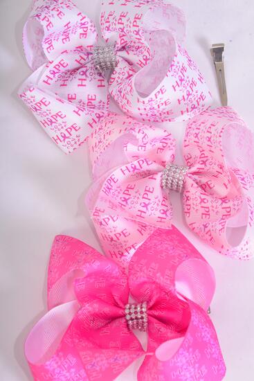 Hair Bow Jumbo Pink Ribbon Hope Love Cure Grosgrain Bow-tie / 12 pcs Bow = Dozen Alligator Clip , Size - 6" x 5 Wide , 4 White , 4 Baby Pink , 4 Hot Pink Color Asst , Clip Strip & UPC Code