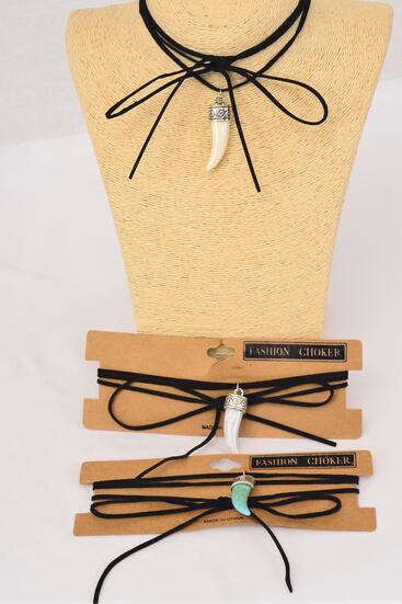 Necklace Faux Suede Cord String Wrap Bolo Tie Choker Tusk Charm / 12 pcs = Dozen Color - 6 Ivory , 6 Turquoise Color Asst , Display Card & OPP Bag & UPC Code