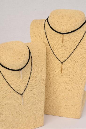 Necklace Black 2 Strand Faux Suede Cord Choker Chain Metal Accent On Bottom / 12 pcs = Dozen Size - 14" Extenstion Chain , 6 Gold , 6 Silver Color Asst , Display Card & OPP Bag & UPC Code