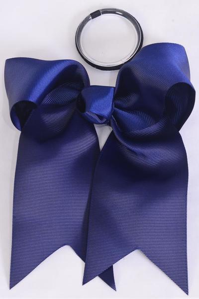 Hair Bow Extra Jumbo Long Tail Cheer Type Bow Navy Elastic Grosgrain Bow-tie / 12 pcs Bow = Dozen Navy , Elastic , Size - 6.5" x 6" Wide , Clip Strip & UPC Code