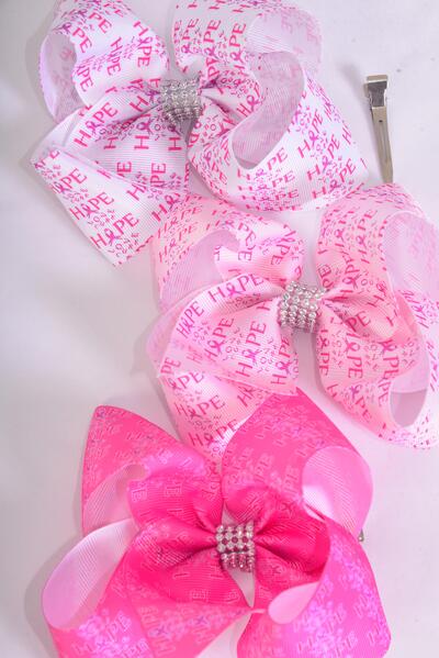 Hair Bow Jumbo Pink Ribbon Hope Love Cure Grosgrain Bow-tie / 12 pcs Bow = Dozen Alligator Clip , Size - 6" x 5 Wide , 4 White , 4 Baby Pink , 4 Hot Pink Color Asst , Clip Strip & UPC Code