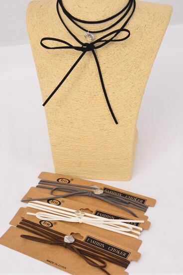 Necklace Faux Suede Cord String Wrap Bolo Tie Choker Heart Pendant Multi / 12 pcs  = Dozen Neutral - 3 Black , 3 Brown , 3 Gray , 3 White Color Asst , Display Card & OPP Bag & UPC Code