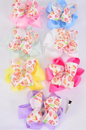 Hair Bow Jumbo Double Layered Desert Mix Grosgrain Bow-tie Pastel / 12 pcs Bow = Dozen  Alligator Clip , Size - 6" x 5" , 2 White , 2 Baby Pink , 2 Lavender , 2 Hot Pink , 2 Mint , 1 Blue , 1 Yellow Color Asst , Clip Strip & UPC Code