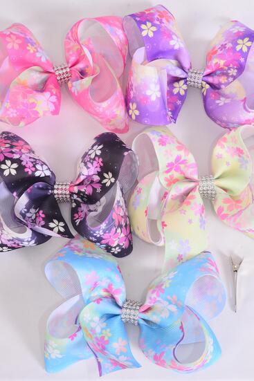 Hair Bow Jumbo Flower Cherry Blossom Grosgrain Bow-tie / 12 pcs Bow = Dozen Alligator Clip , Size - 6" x 5" Wide , 3 Black , 3 Lavender , 2 Pink , 2 Blue , 2 Lime Color Asst , Clip Strip and UPC Code
