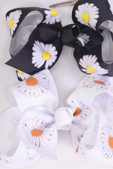 Hair Bow Jumbo Flower Daisy Black White Color Mix Grosgrain Bow-tie / 12 pcs Bow = Dozen Alligator Clip , Size - 6" x 5" Wide , 6 Black , 6 White Color Asst , Clip Strip and UPC Code