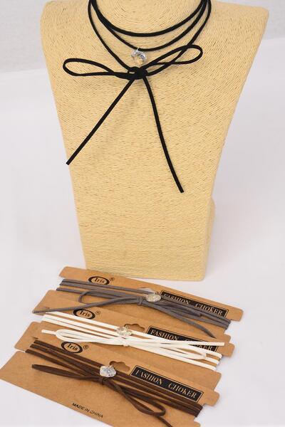 Necklace Faux Suede Cord String Wrap Bolo Tie Choker Heart Pendant Multi / 12 pcs  = Dozen Neutral - 3 Black , 3 Brown , 3 Gray , 3 White Color Asst , Display Card & OPP Bag & UPC Code
